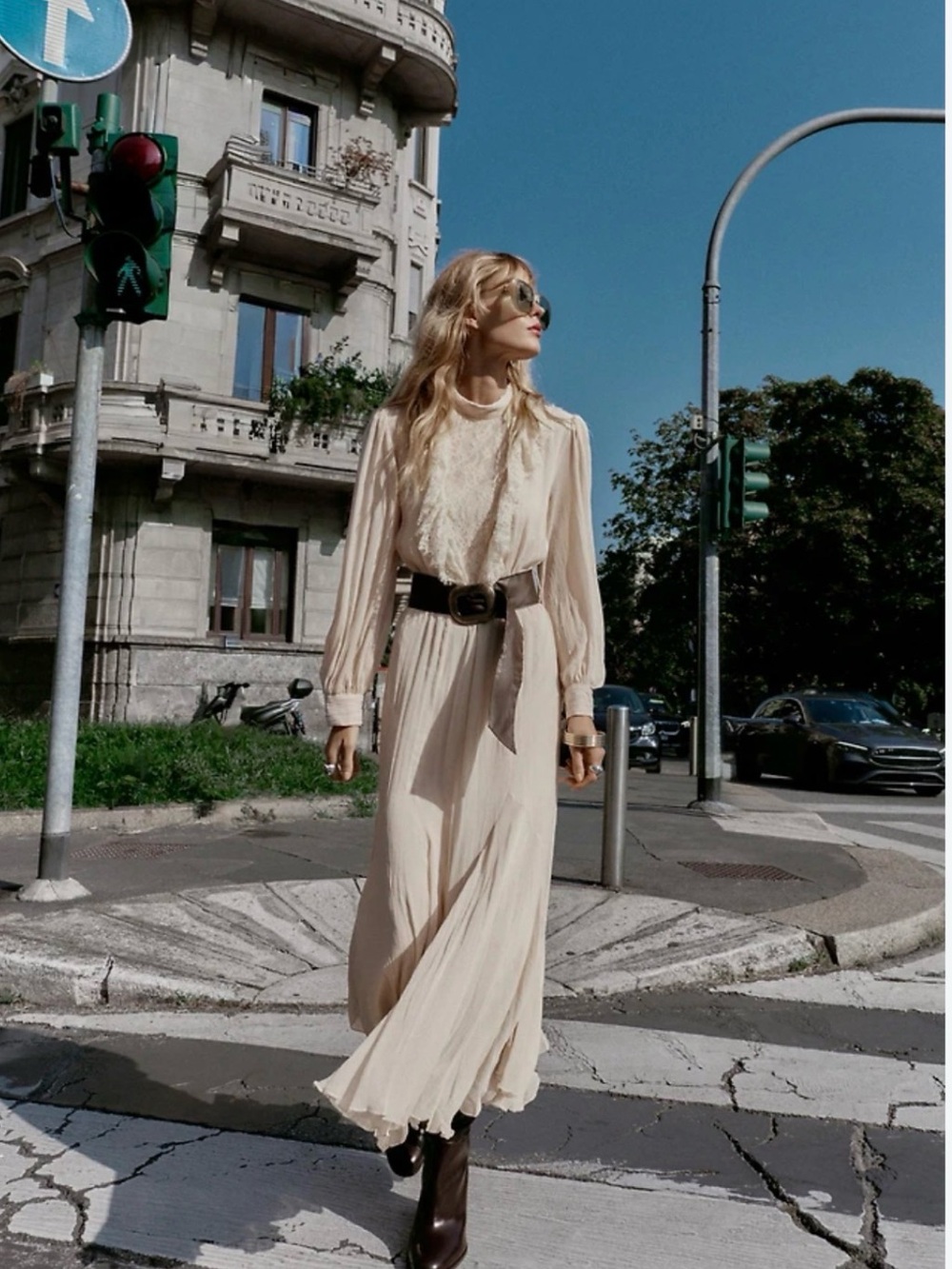 Zara Cream Long-Sleeve Pleated Maxi Dress with Belt